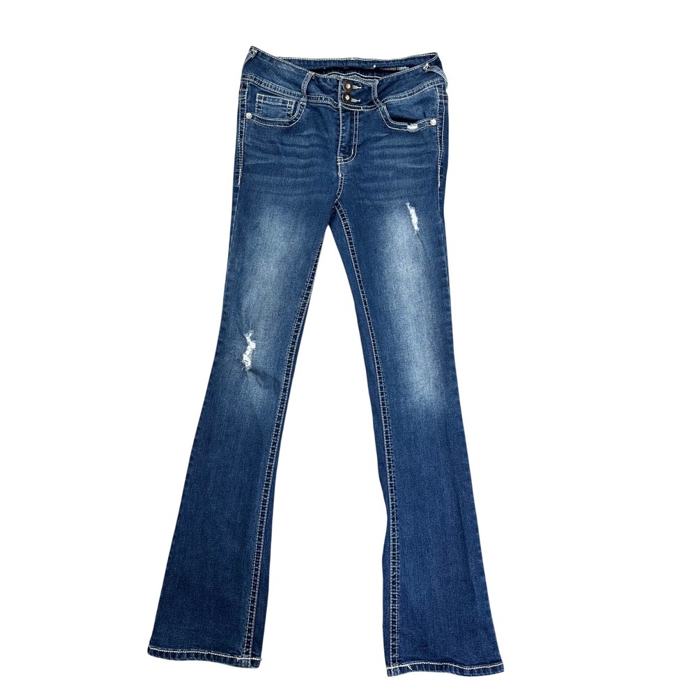 WallFlower Luscious Curvy Bootcut Jeans Y2K Dark Wash Embroidered Pockets Sz 5/6